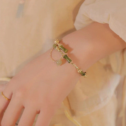 Bamboo And Hetian Jade Bracelet With Olive Green Color - Buddha Blessing You