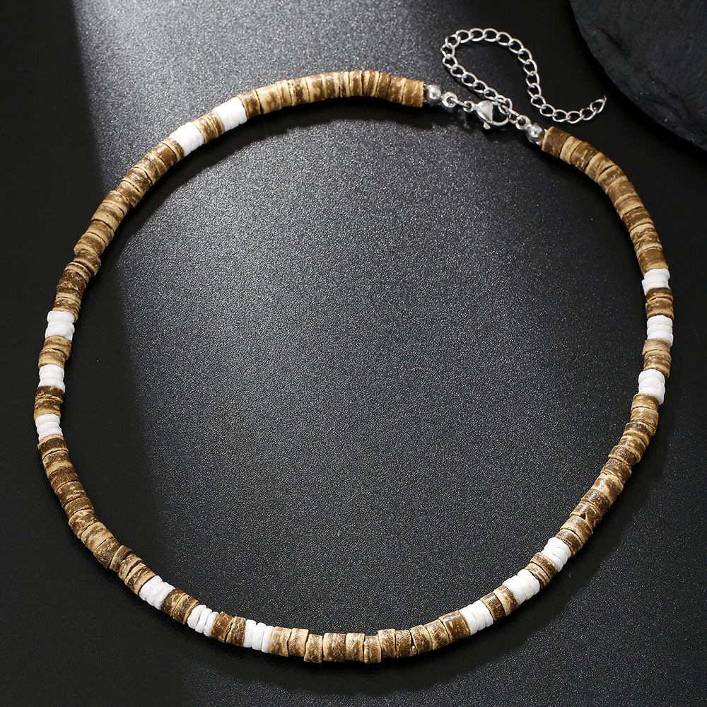 Summer Beach Bohemian Wood Chip Coconut Shell Necklace Men's Surfing Necklace Simple Tribal Stainless Steel Necklace