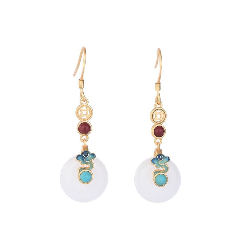 Court design synthetic Hetian jade safety buckle earrings ancient gold burning blue auspicious cloud earrings National style retro earrings for women