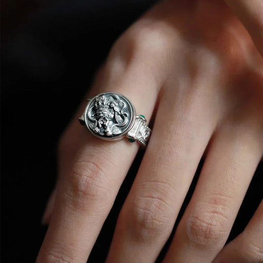 Tibetan Inspired Green Zircon Tang Grass Pattern Elegant Ring - Buddha Blessing You