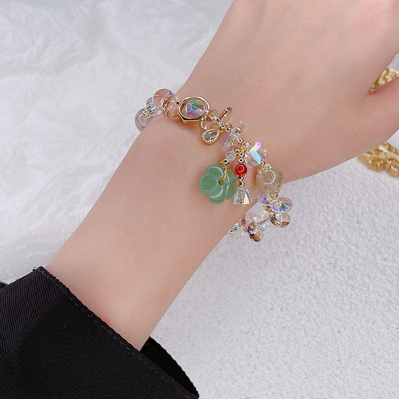 Vintage Ethnic Green Dongling Jade Crystal Flower Bracelet