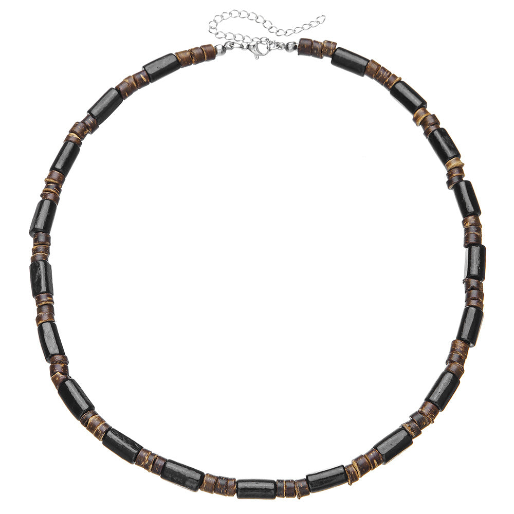 Summer Beach Bohemian Wood Chip Coconut Shell Necklace Men's Surfing Necklace Simple Tribal Stainless Steel Necklace