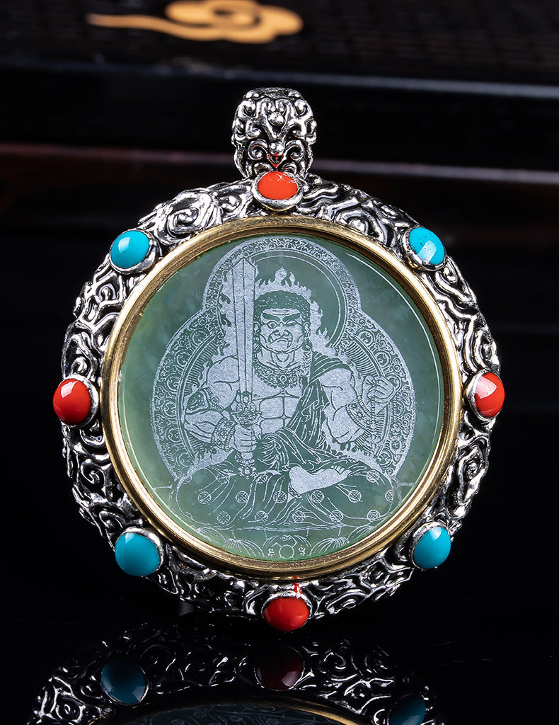 Natural A Jade Tibetan Eight Patron saint Transfer Wheel Inlaid Seiko Jade Pendant Pendant Yu Pei