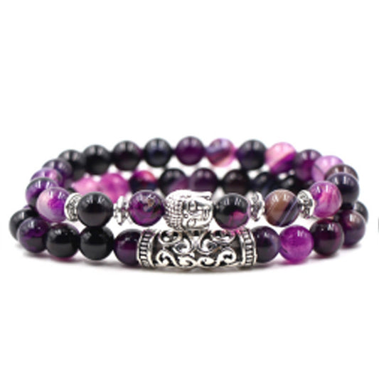 Tiger Eye Stone Copper Micro Inlaid Elastic Bracelet With Black Matte Zircon Balls Punk Style Two Piece Set - Buddha Blessing You