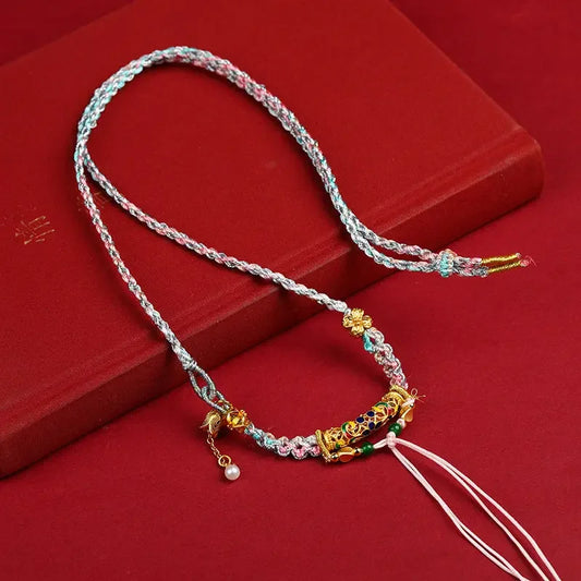 Handmade Tibetan Peach Blossom Pendant Vintage Woven Lanyard Ethnic Buddhist Necklace - Buddha Blessing You