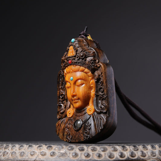 Sacred Agarwood Carved Guanyin Pendant Buddhist Wooden Necklace - Buddha Blessing You