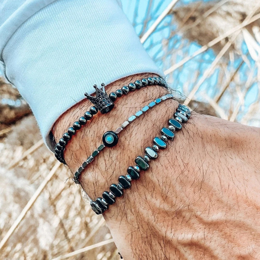 Schmuck Mode Vintage Schwarz Matt Armband Zirkon Krone Diamant Ball Würfel Löwenkopf Perlen Armband Anzug