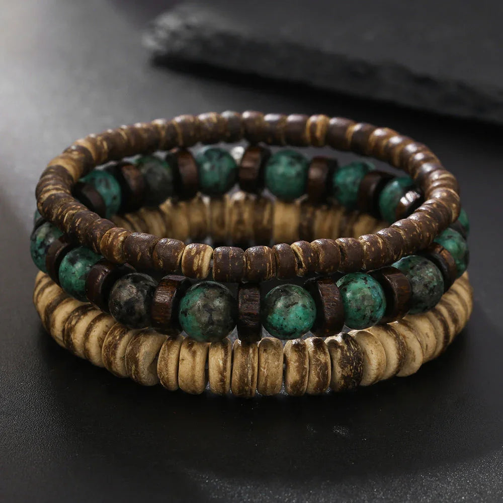 New Coconut Shell Wood Multi-layer Stacked Wear Bracelet Retro Men's Turquoise Beaded Bracelet - Buddha Blessing You