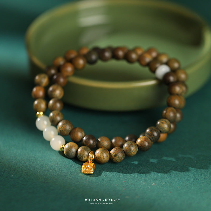 "Tan Wang Qing" Natural Green Sandalwood Bracelet Female and Bracelet Niche Antique Gift Accessories