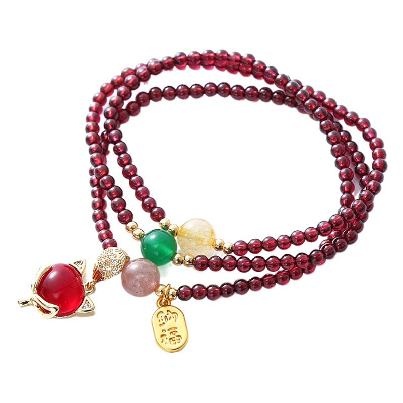 Garnet Bracelet Natural Crystal Fox Pendant Beaded Bracelet Retro Multi-Layer Fashion All-Match Jewelry