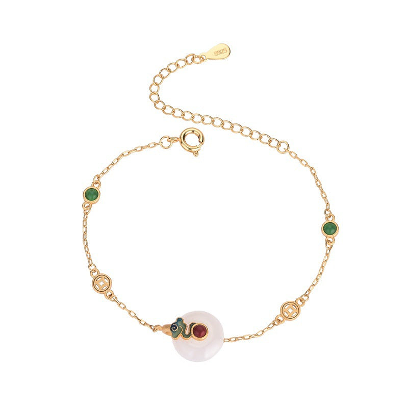 New Gold-plated Imitation Hetian Jade Safety Buckle Bracelet Grilled Blue Craft Inlaid Copper Gold-plated Palace Retro Style Bracelet
