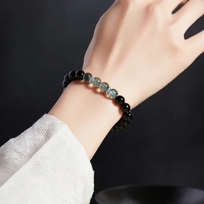 Sterling Silver Obsidian Green Ghost Beaded Transfer Beads Buddhist Bracelet - Buddha Blessing You