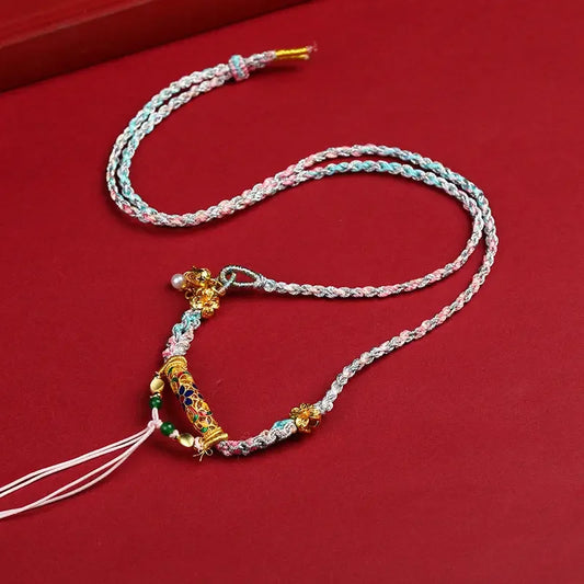 Handmade Tibetan Peach Blossom Pendant Vintage Woven Lanyard Ethnic Buddhist Necklace - Buddha Blessing You