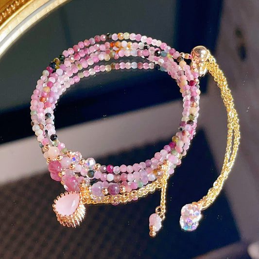 Pink Crystal Rainbow Tourmaline Heart Pendant Necklace And Three Circle Beaded Bracelet - Buddha Blessing You