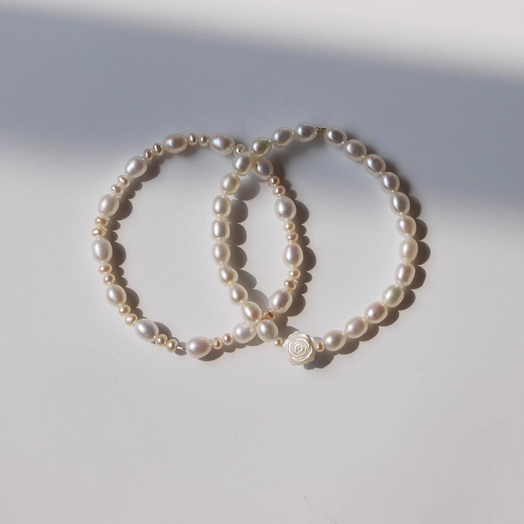 Genuine Freshwater Pearl Bracelet With Rose Carving And Shell Beads