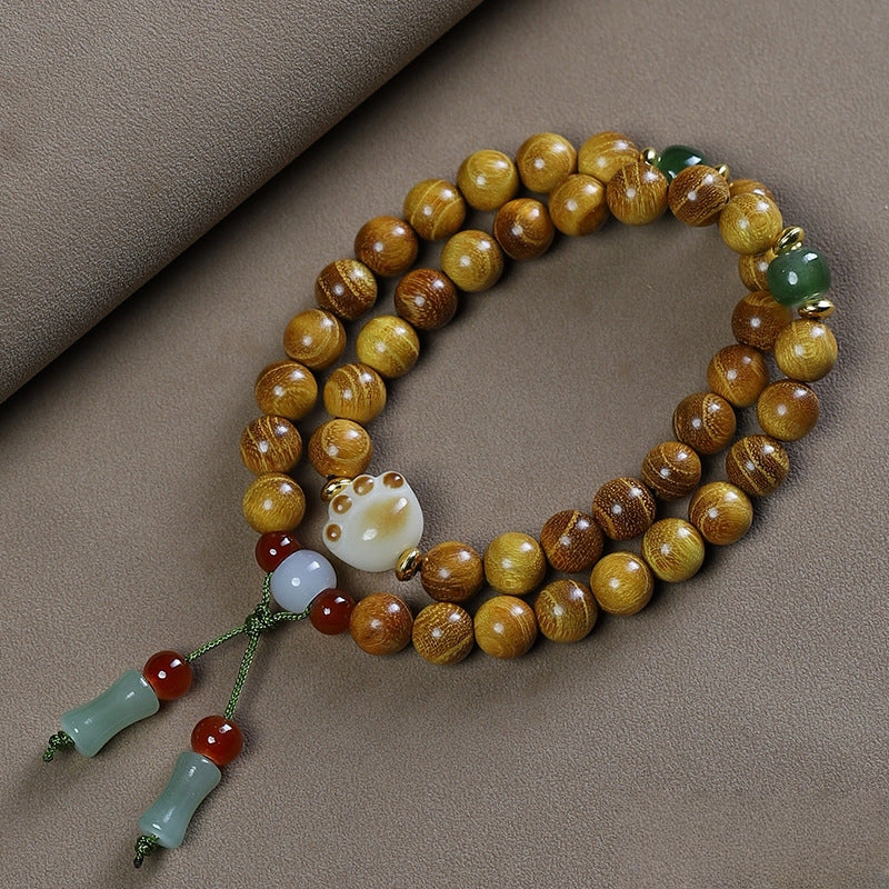 Goldenes Sandelholz-Armband mit doppelter Schlaufe und Lotus-Jade-Holz-Gebetsperlen