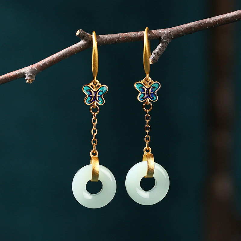 Elyuan National Fashion Accessories Women'S Ancient Style Color-Preserving Gold-Plated Imitation Jade Niche Design Vintage Earrings Gift