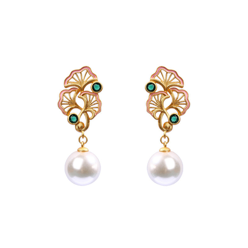 National Fashion Ancient Gold-Plated Pearl Ginkgo Leaf Stud Earrings Fashionable All-Match Mid-Ancient Earrings