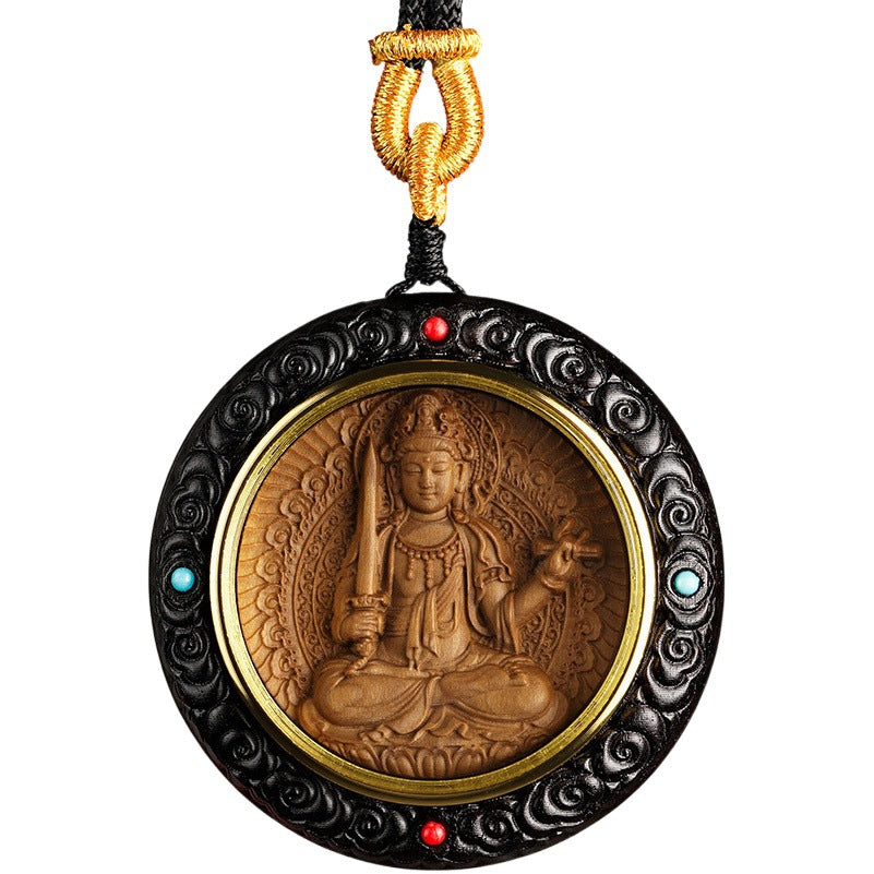 Benmingfo Round Pendant Zodiac Guardian Necklace Male and Female Samurai Bodhisattva Black Leaflet Red Sandalwood