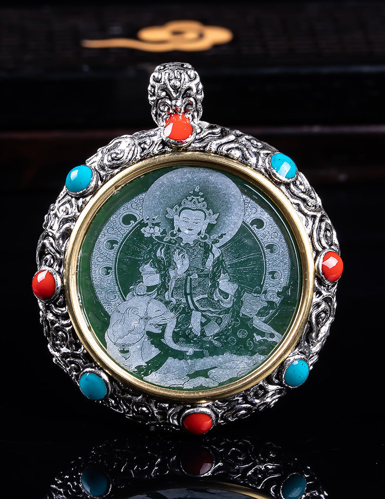 Natural A Jade Tibetan Eight Patron saint Transfer Wheel Inlaid Seiko Jade Pendant Pendant Yu Pei