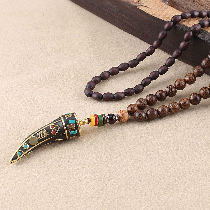 Ethnic Style Buddha Beads Nepal Horn Type Wooden Necklace Simple Personality Long Men's and Women's Woolen Chain Linen Accessories