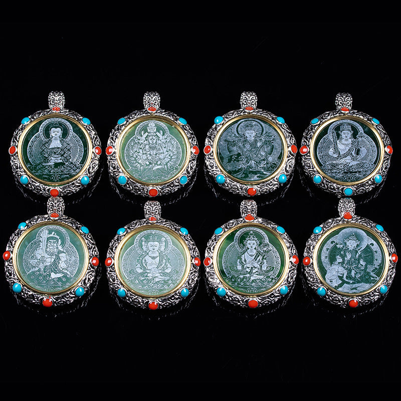 Natural A Jade Tibetan Eight Patron saint Transfer Wheel Inlaid Seiko Jade Pendant Pendant Yu Pei