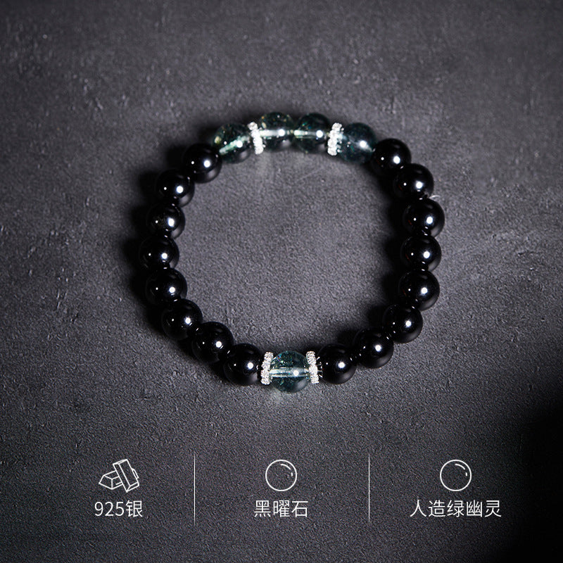 Sterling Silver Obsidian Green Ghost Transfer Beads Beaded Bracelet Women'S High-End Jewelry