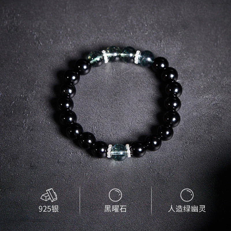 Sterling Silver Obsidian Green Ghost Beaded Transfer Beads Buddhist Bracelet - Buddha Blessing You