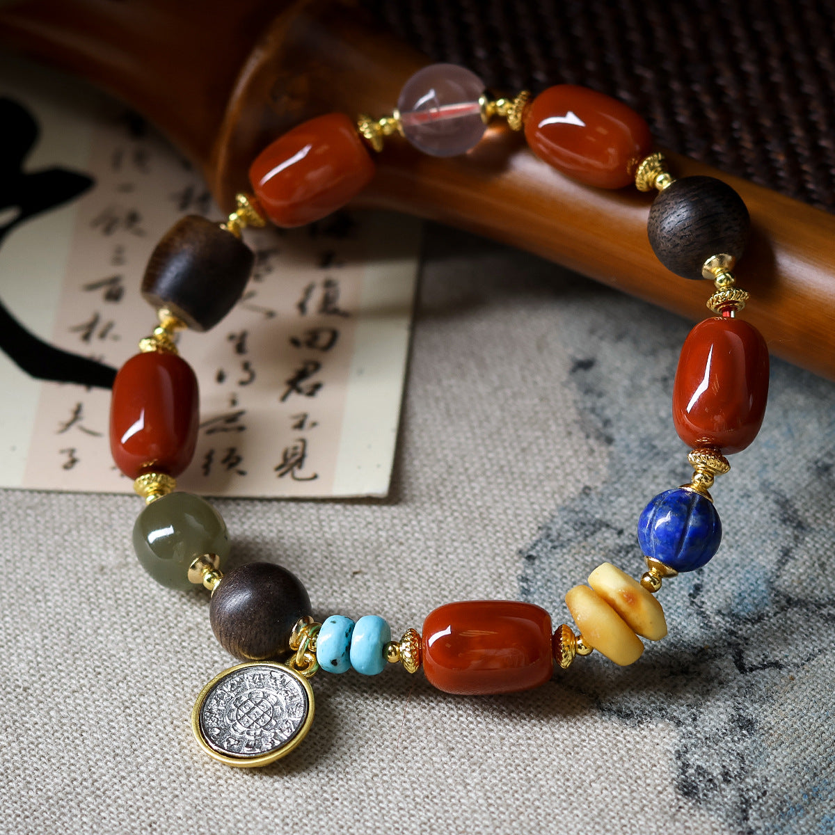 Original South Red Agate Beaded Bracelet With Lapis Lazuli Jasper And Incense Wood