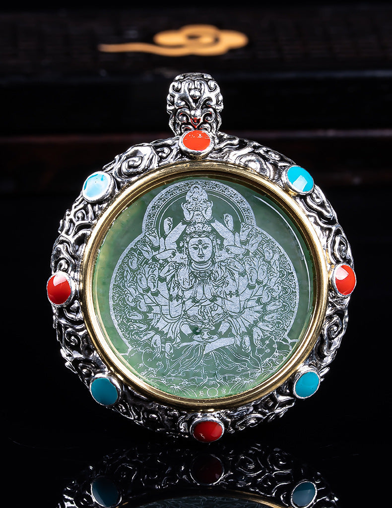 Natural A Jade Tibetan Eight Patron saint Transfer Wheel Inlaid Seiko Jade Pendant Pendant Yu Pei