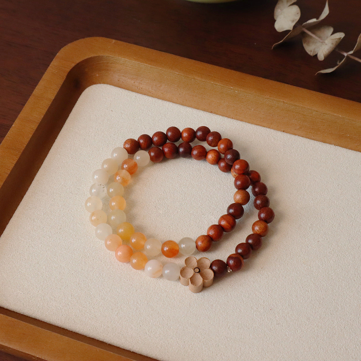 Sour Trees Black Pear Double Circle Bracelet Gold Silk Jade Wooden Transfer Beads Peach Agate Jewelry