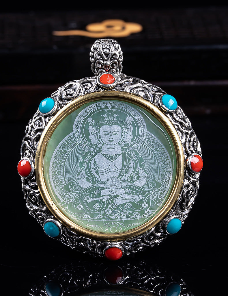 Natural A Jade Tibetan Eight Patron saint Transfer Wheel Inlaid Seiko Jade Pendant Pendant Yu Pei