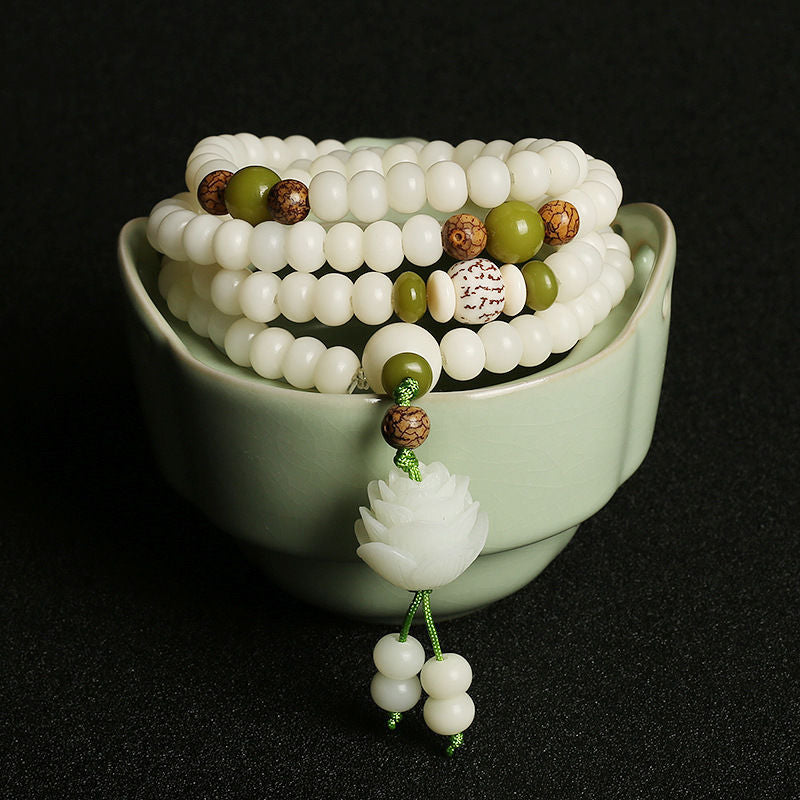 Natural White Bodhi Seed 108 Beads Buddhist Mala Necklace With Lotus