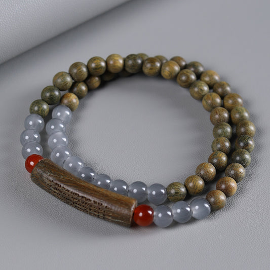 Vintage Green Sandalwood Buddhist Prayer Beads Double Circle Wooden Bracelet - Buddha Blessing You