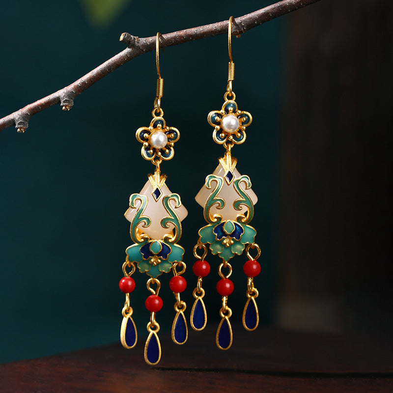 Elyuan National Fashion Accessories Women'S Ancient Style Color-Preserving Gold-Plated Imitation Jade Niche Design Vintage Earrings Gift