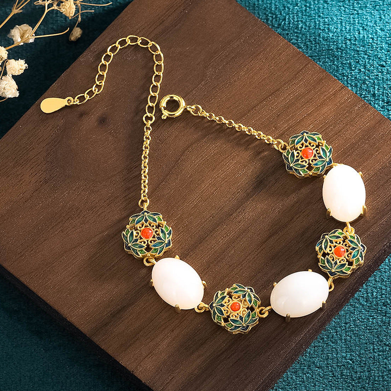 National Tide Palace Style Ancient Method Gold-plated Cold Enamel Flower Cluster Set with Imitation Hetian Jade Design Sense Niche Bracelet