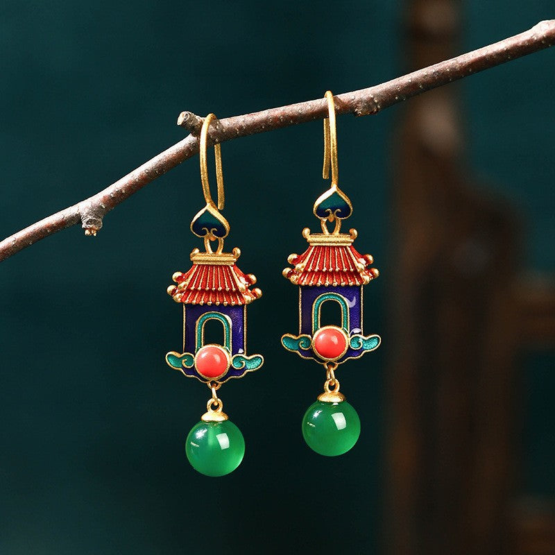 Elyuan National Fashion Accessories Women'S Ancient Style Color-Preserving Gold-Plated Imitation Jade Niche Design Vintage Earrings Gift