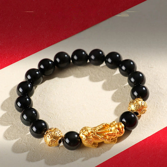 999 Silver Pi Xiu Bracelet Black Agate Cat Eye Stone Beaded Bracelet - Buddha Blessing You