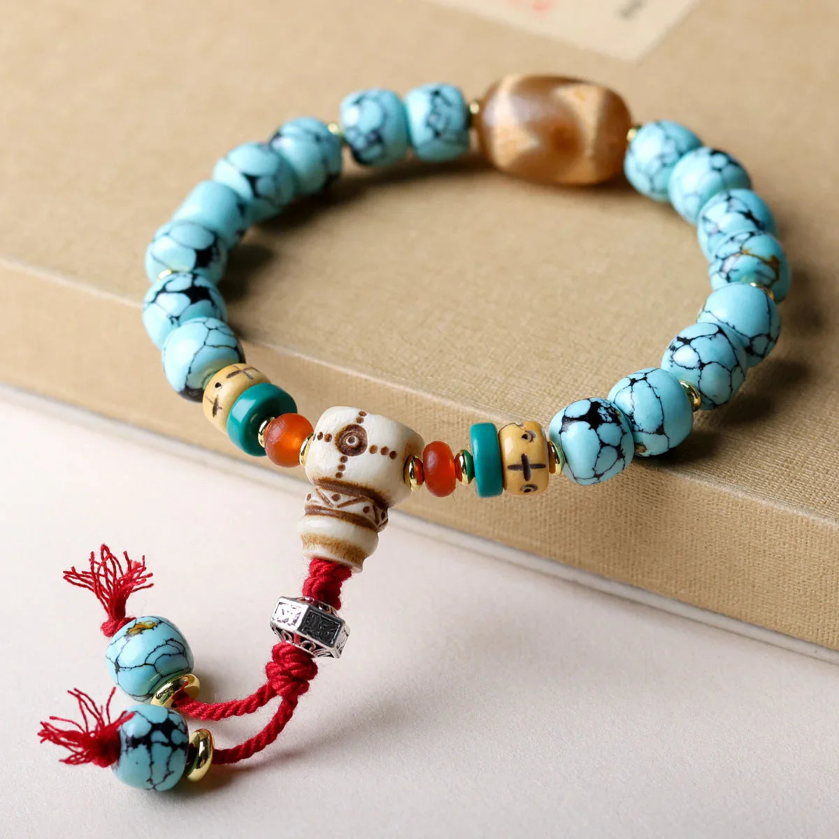 Imitation Turquoise Net Flower Vintage Barrel Bead Tiger Tooth Yak Bone Bracelet - Buddha Blessing You