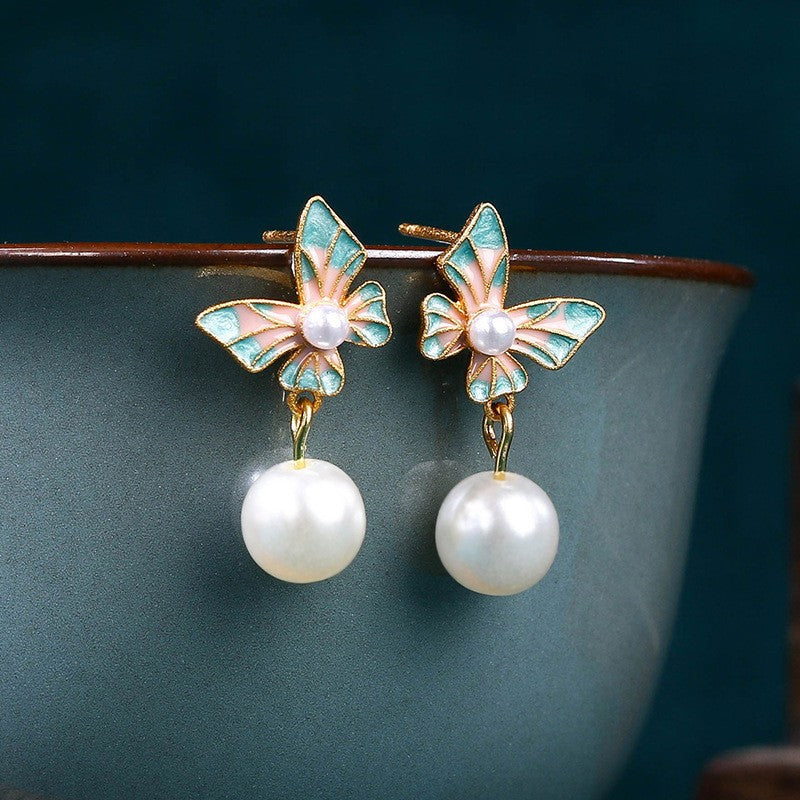 enamel gradient butterfly earrings silver needle light luxury niche design ancient style pearl earrings
