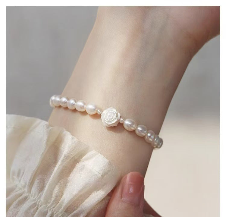 Genuine Freshwater Pearl Bracelet With Rose Carving And Shell Beads