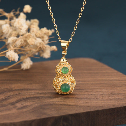 Folk Style Necklace - Gold-Plated Gourd Pendant with Natural Chalcedony Gemstone - Buddha Blessing You