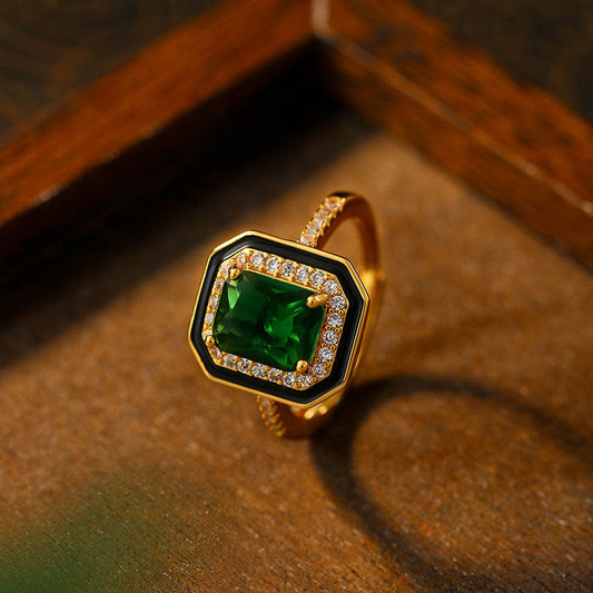Elegant Green Diamond Paraiba Enamel Ring With Luxurious Black Finish - Buddha Blessing You