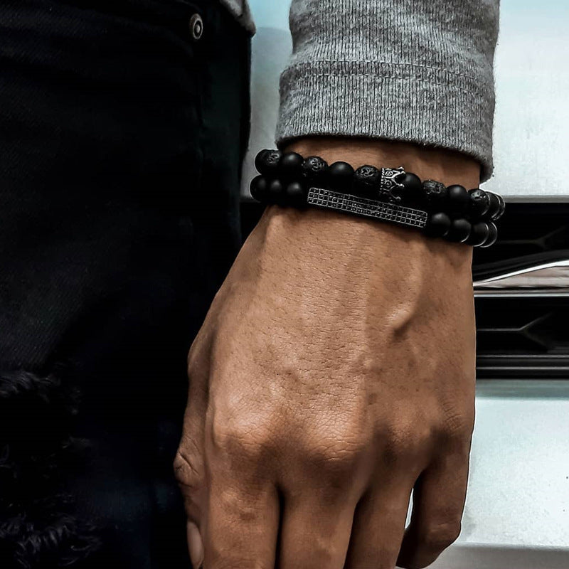 Schmuck Mode Vintage Schwarz Matt Armband Zirkon Krone Diamant Ball Würfel Löwenkopf Perlen Armband Anzug
