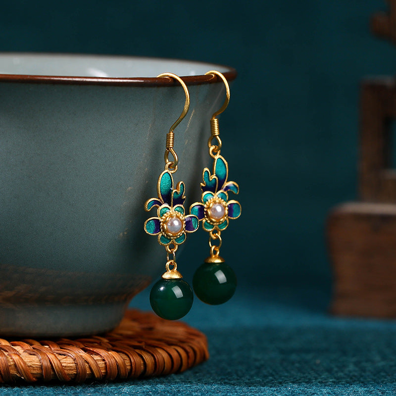 Elyuan Chinese Style Not Easy To Fade Natural Chalcedony Orchid Popular Earrings