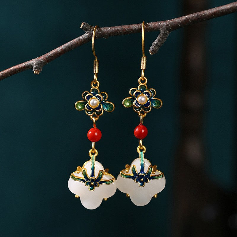 Elyuan National Fashion Accessories Women'S Ancient Style Color-Preserving Gold-Plated Imitation Jade Niche Design Vintage Earrings Gift