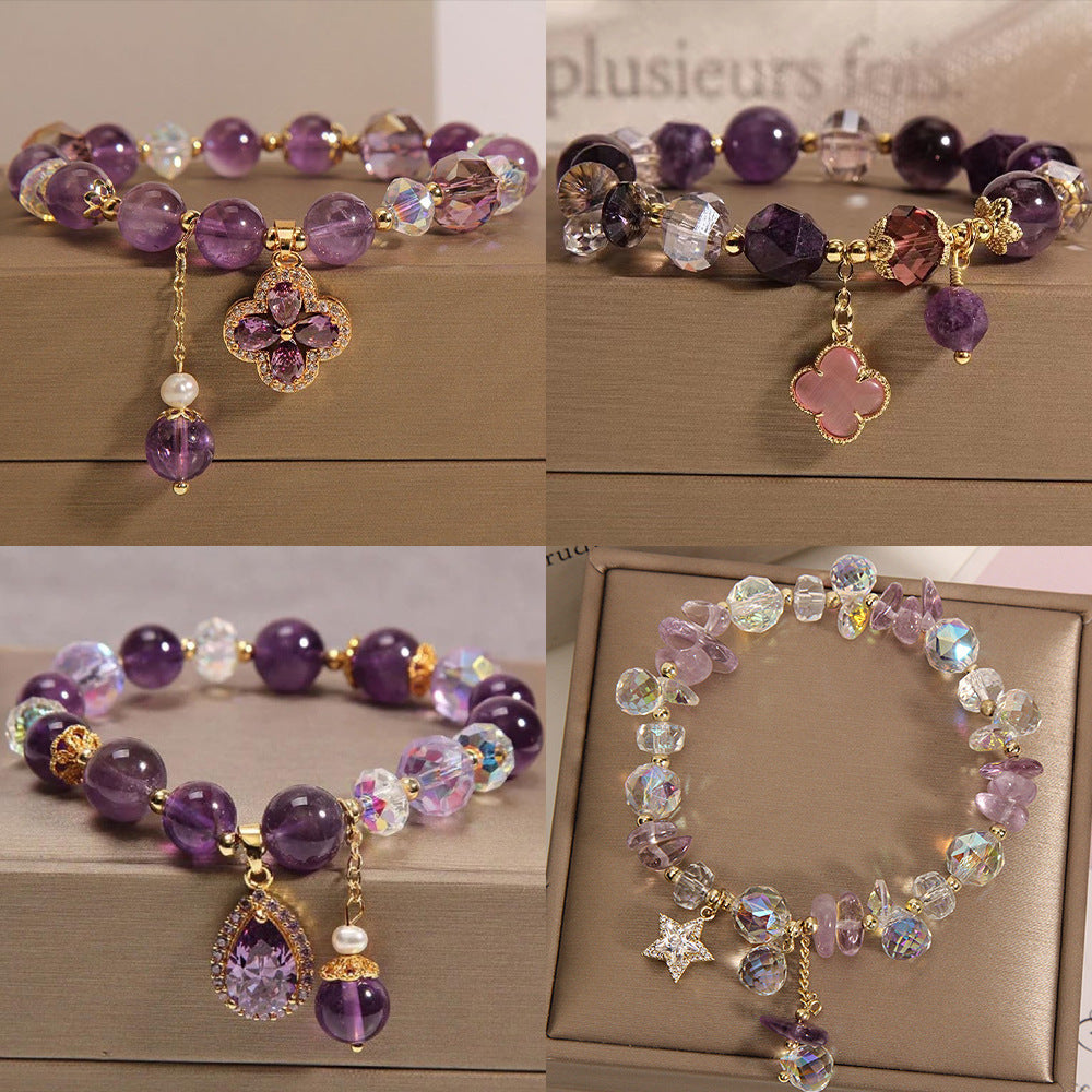 Fashion Amethyst Bracelet Five-pointed Star Four-leaf Clover Zircon Pendant Beaded Bracelet