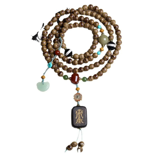 A Line Of Butter And Incense Wood Multi-Circle Necklace Beads - Buddha Blessing You