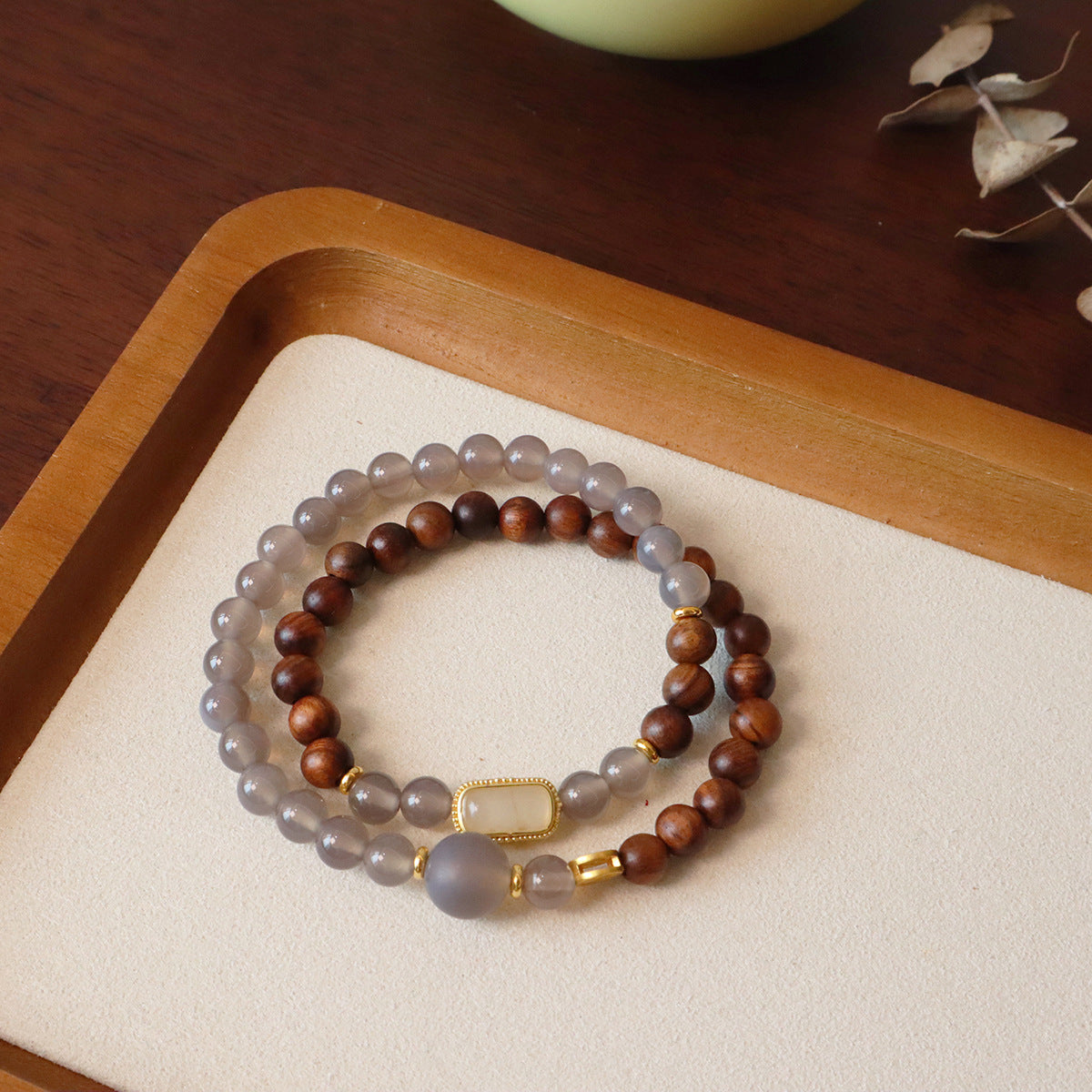 Sour Trees Black Pear Double Circle Bracelet Gold Silk Jade Wooden Transfer Beads Peach Agate Jewelry