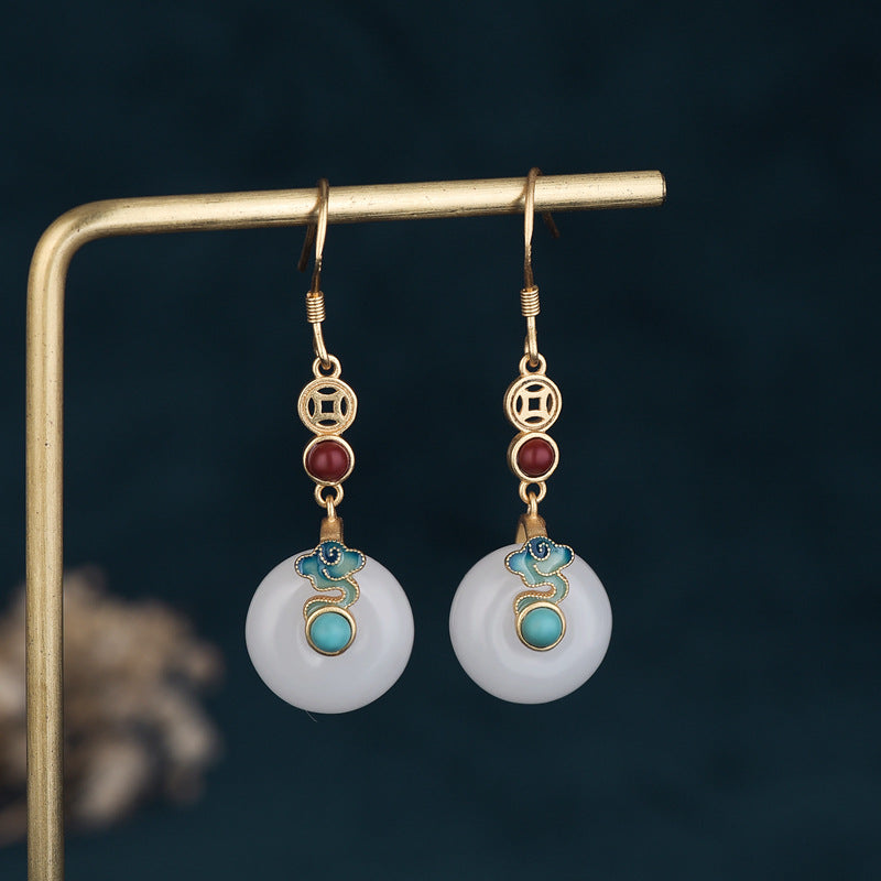 Court design synthetic Hetian jade safety buckle earrings ancient gold burning blue auspicious cloud earrings National style retro earrings for women